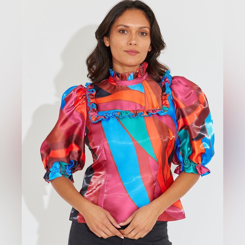 Colorblock Ruffle-Trim Satin Blouse in Pink, Blue & Orange